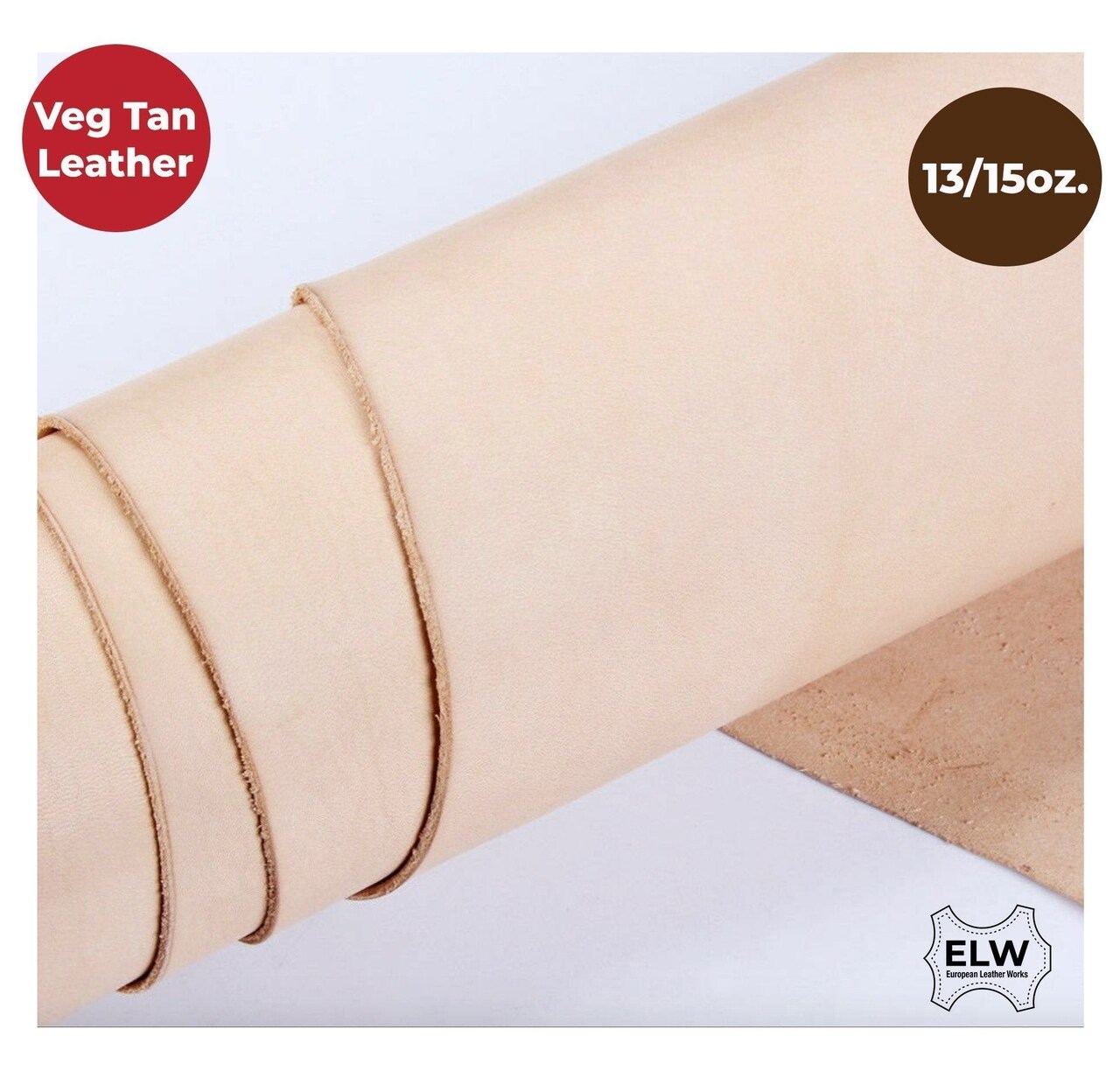 Veg Tan Full Grain Leather 13/15 Oz. (5.2-6mm) Heavy Thickness Pre-Cut 6" to 48" Sizes Natural Cowhide Skirting Tooling Leather Crafts Projects Repair Molding